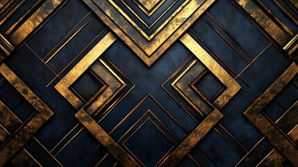 Poster - An Art Deco-inspired geometric pattern, featuring interlocking diamond and chevron shapes, metallic gold and deep navy blue color palette, bold outlines and sharp angles,