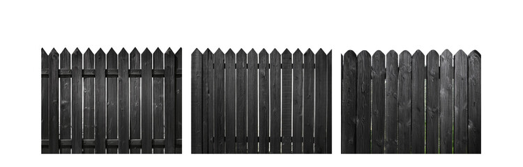 Poster - Black wooden fence with pointed tops, some sections are missing.