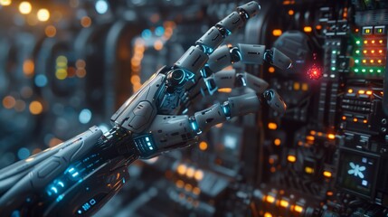 A robotic hand reaches out to a complex array of circuits, showcasing the integration of technology and automation in a high tech setting