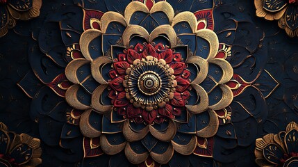 Canvas Print - Contemporary mandala art with repeating geometric patterns, bold colors like navy blue, crimson, and gold, intricate details within each ring, placed on a dark background with subtle texture,