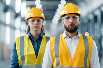 two construction workers in protective gear, helmets, and vests stand confidently in a modern indust