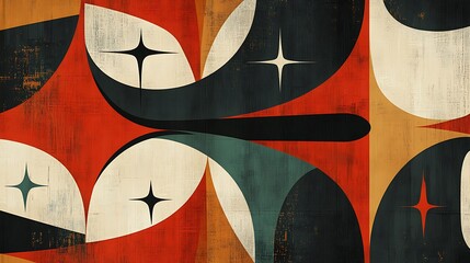 Sticker - Mid-century modern pattern with abstract boomerang shapes and stylized star elements, earthy tones of rust red, forest green, and beige, dynamic layout with overlapping elements,