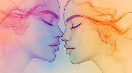 Poster - Minimalist line art portrait of two faces in an abstract style, continuous lines intertwining and overlapping, clean and elegant composition, placed on a soft pastel background,