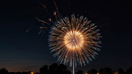 A large, bright firework explodes in the night sky, illuminating the dark background with a kaleidoscope of colors.