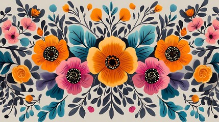 Wall Mural - Scandinavian folk art pattern with floral motifs and geometric shapes, bright colors like turquoise, orange, and pink, repeating symmetrical design, stylized flowers, leaves, and berries,