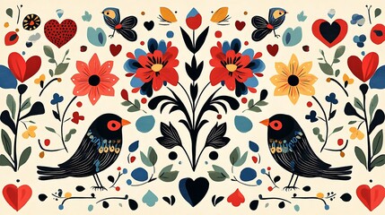 Wall Mural - Scandinavian folk art pattern with stylized flowers, hearts, and birds, repeating symmetrical design, bright colors like red, blue, and green, clean and simple lines,