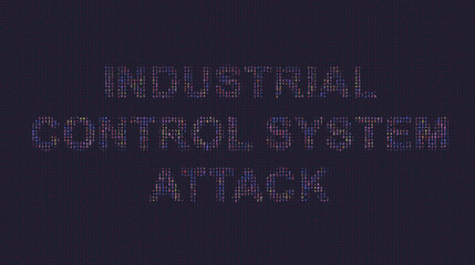 Cybersecurity concept industrial control system attack on foreground screen, ASCII style in a code development editor. Vulnerability and attack on colored code editor. Text in English, English text