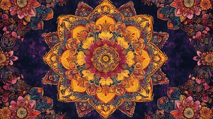 Wall Mural - Traditional Indian mandala with intricate floral and paisley patterns, warm color palette of orange, yellow, and red, highlighted with gold accents, placed on a dark purple background,