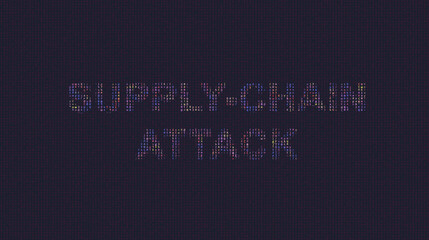 Cybersecurity concept supply-chain attack on foreground screen, ASCII style in a code development editor. Vulnerability and attack on colored code editor. Text in English, English text