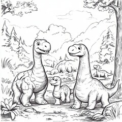 A whimsical illustration of three dinosaurs in a natural setting, showcasing their playful interaction amidst trees and foliage. Coloring book