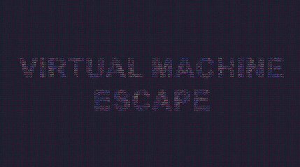 Cybersecurity concept virtual machine escape on foreground screen, ASCII style in a code development editor. Vulnerability and attack on colored code editor. Text in English, English text