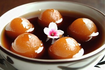 Indian sweet gulab jamun y dough balls deep-fried and soaked in sugar syrup flavored with rosewater or cardamom. sugar syrup flavored with rosewater or cardamom. Diwali, Ugadi, Holi