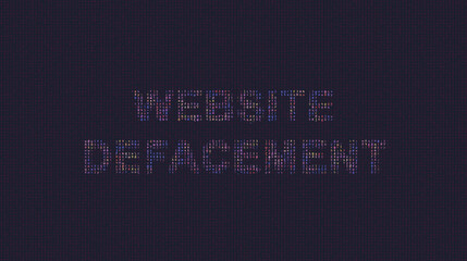 Cybersecurity concept website defacement on foreground screen, ASCII style in a code development editor. Vulnerability and attack on colored code editor. Text in English, English text