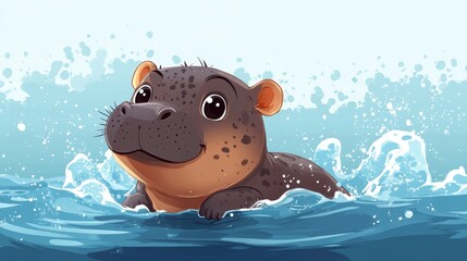 A cute cartoon hippo swims playfully in water, splashing droplets against a light blue background, showcasing a joyful and animated atmosphere.