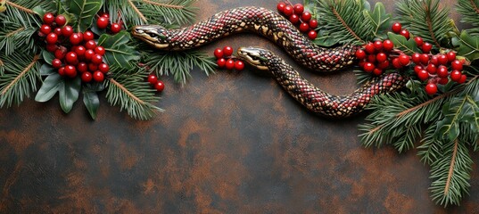 Christmas Frame of Fir Branches, Holly Berries, and Two Serpent Decorations on a Rusty Background