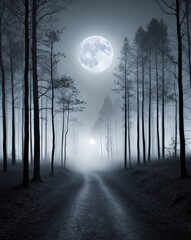 mystical moonlit forest pathway at night.