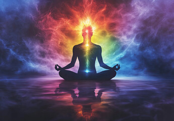 Wall Mural - A person meditating with their aura glowing around them, symbolizing the connection between mind and body in a healing meditation