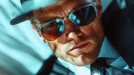 A confident man in a classic suit, wearing sunglasses and a hat, is captured in close-up, exuding a sense of mystery and charisma in sharp, detailed focus.