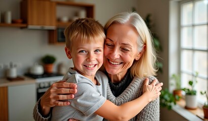 portrait of a grandmother embracing her grandson in kitchen. special bond between generations. Old woman with warmth, love, and togetherness for grandson