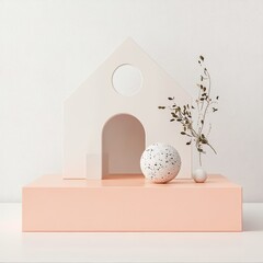 Wall Mural - A 3D geometric house displayed on a pastel pink podium with simple white background