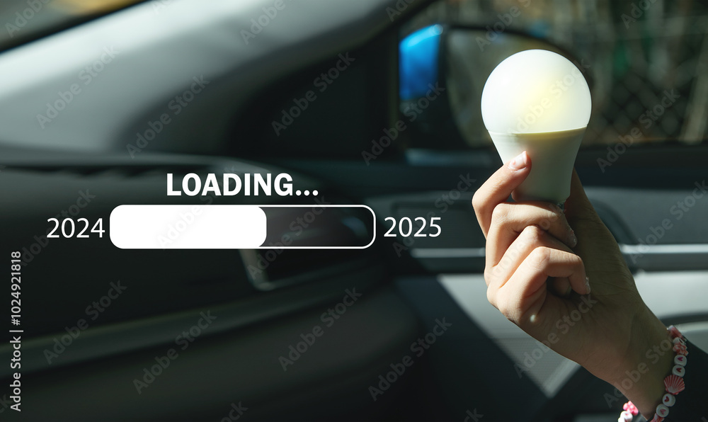 Human hand showing light bulb. Loading 2024 to 2025. Stock Photo ...