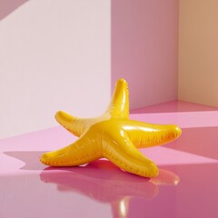 A bright yellow inflatable starfish resting on a glossy pink floor with a simple white backdrop