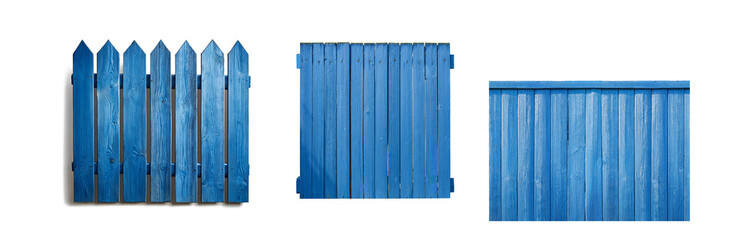 Poster - Three different blue wooden fences in a white background.