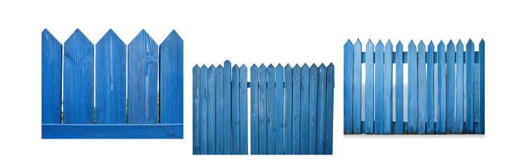 Poster - A blue wooden fence with pointed tops against a white background.
