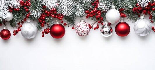 Wall Mural - christmas festive holiday decoration with a border of pine branches, red berries, and various christ