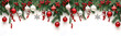 © gusion - christmas  festive holiday decoration with a border of pine branches, red berries, and various Christmas ornaments in red, white, and silver hues. The decorations hang from the top, l