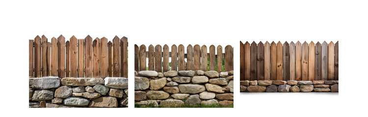 Poster - A wooden fence with pointed top slats sits atop a stacked stone wall.
