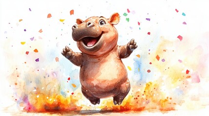 A cheerful, cartoon hippopotamus joyfully jumps amidst colorful confetti and splashes, embodying a playful and festive spirit.