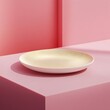 © Going Place - A sleek, modern 3D white plate with minimal yellow geometric patterns on a soft pink platform