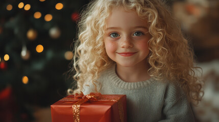 a little cute blonde girl found a christmas present under the tree