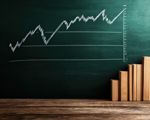 chalkboard displaying growth chart with rising line graph and wooden blocks representing data. This symbolizes progress and achievement in education or business