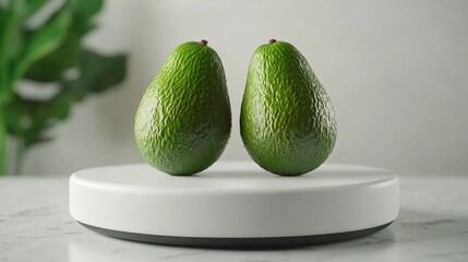 Two ripe avocados on a white pedestal, with a blurred green leaf in the background.