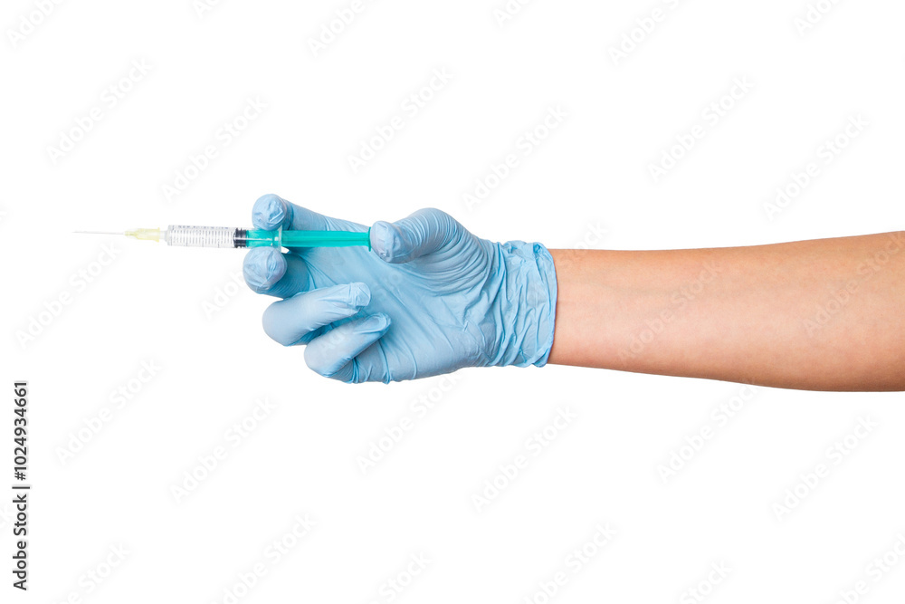 Hand Mp Injection Hand in medical gloves holding a syringe with a needle on an empty ...