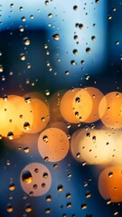 Wall Mural - raindrops on window with bokeh city lights, abstract evening view