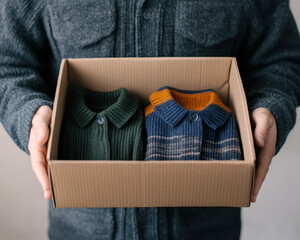 Stylish man holding delivery box containing two fashionable sweaters, showcasing cozy and trendy vibe. colors and textures highlight modern fashion choices