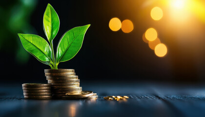 small plant grows from stack of coins, symbolizing financial growth and investment opportunities. warm light in background adds hopeful atmosphere