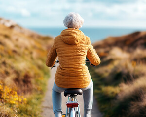 Elderly woman confidently riding bicycle along coastal path, enjoying nature