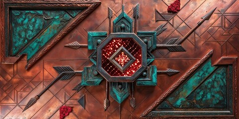 Poster - Abstract copper and turquoise geometric pattern with arrows and a glowing red center.