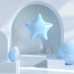 A soft blue inflatable star floating above a minimal white platform with geometric shapes