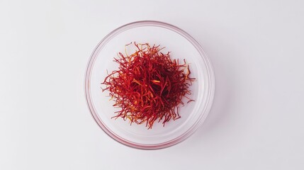 dry red saffron strands in petri dish, solid white background top view 