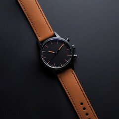 Minimalistic watch on dark surface with stylish leather strap