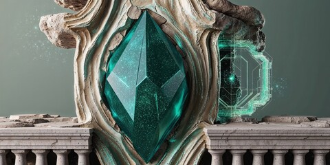 Canvas Print - Abstract green gemstone embedded in stone with digital grid overlay