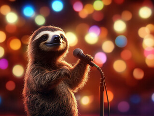 sloth stands on stage with microphone, ready to entertain audience