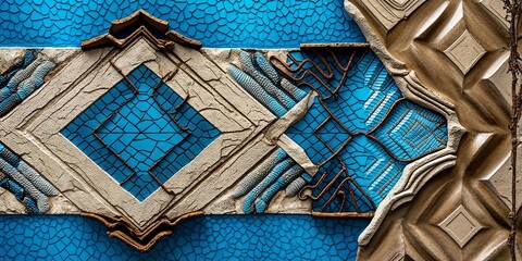 Poster - Abstract blue and beige textured geometric tile pattern.