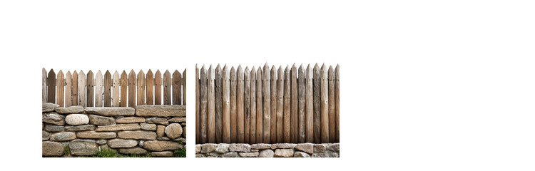 Poster - A weathered wooden fence sits atop a stone wall, with a white background behind.