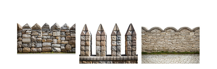 Poster - Three different stone walls with unique architectural elements and textures.